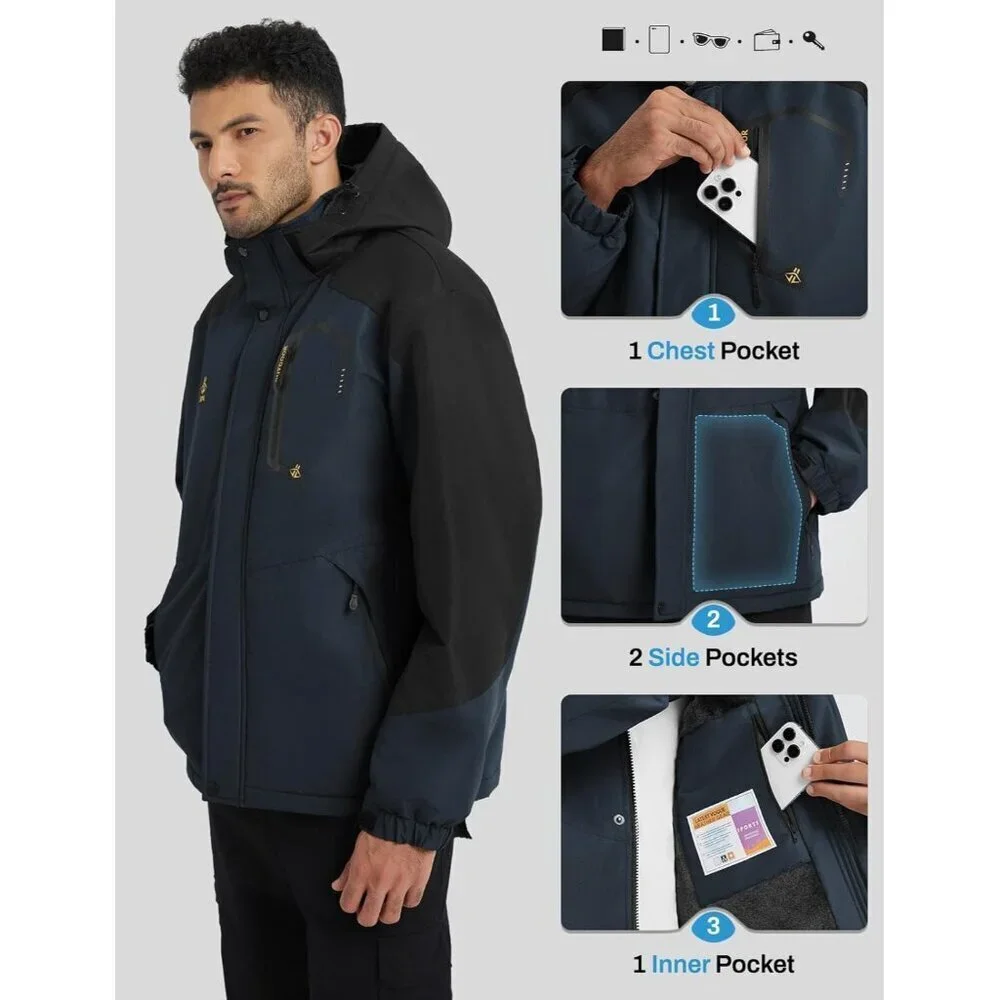 Men's NavyBlue 1 Waterproof Winter Warm Snow Coat Fleece Lined Hiking Ski Jacket